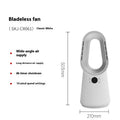 White bladeless tower fan with touch screen controls and remote control