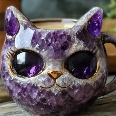 Purple resin geode mug with crystal cat design measuring 11cm high