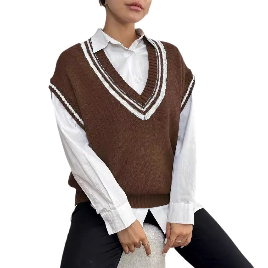Women's loose acrylic vest sweater in black, blue and coffee colours with college style design