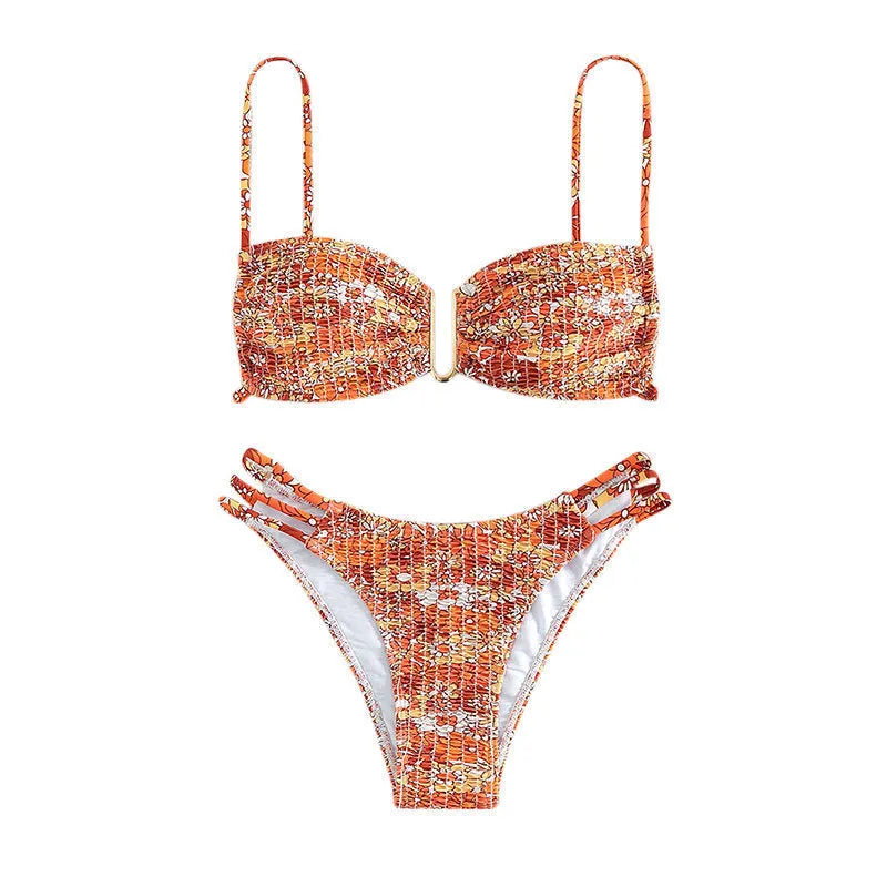 Women's floral print bikini swimsuit with high-waisted briefs in orange, blue, and rose red colours