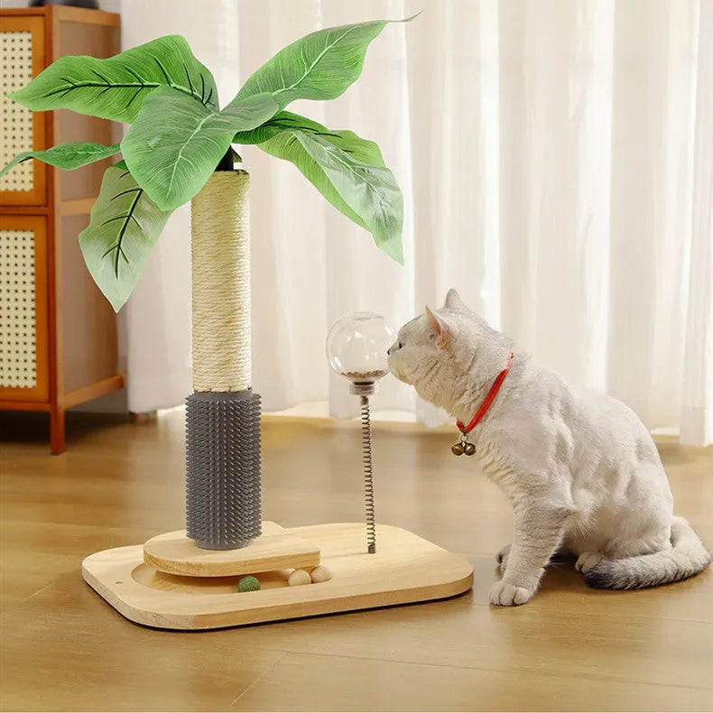 Wooden canna-coloured cat scratching post with food drop ball and chamfered edges