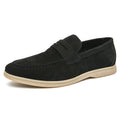 Men's beige leather slip-on casual shoes with round toe and rubber sole