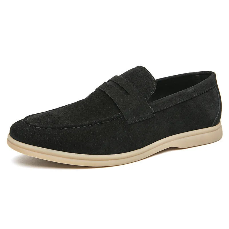 Men's beige leather slip-on casual shoes with round toe and rubber sole