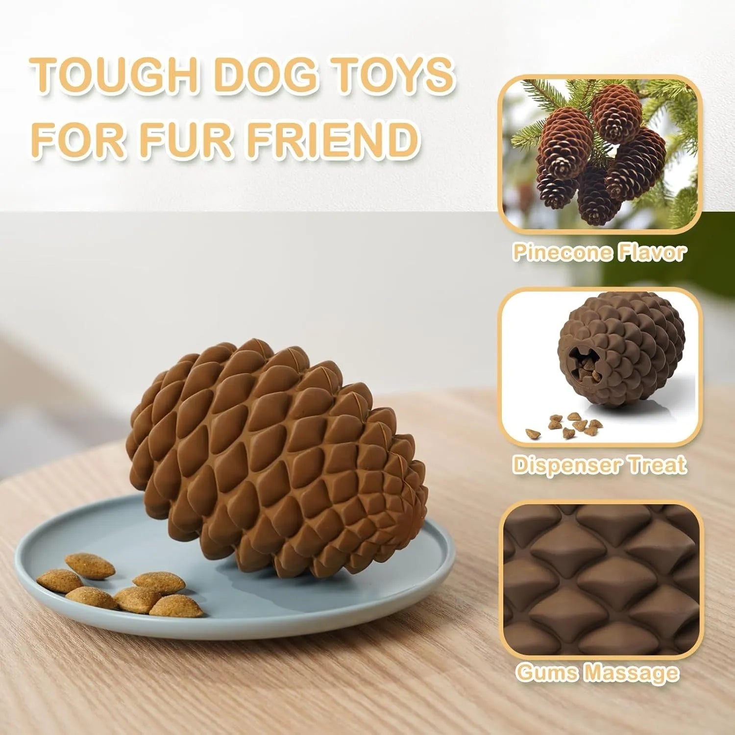 Yellow pine cone-shaped natural rubber dog toy with treat dispenser for medium and large dogs