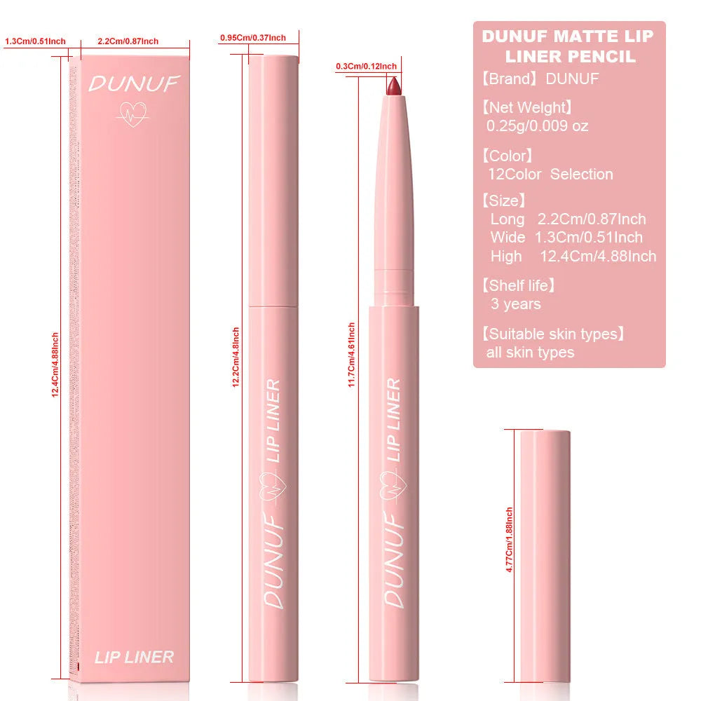 A single velvet matte lip liner pencil with 12 colour shade options shown, for precise lip definition.