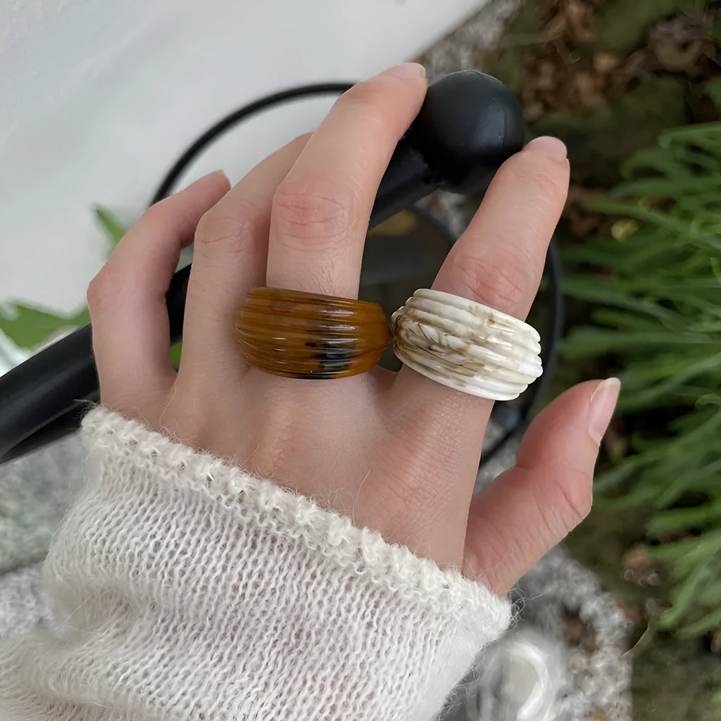 Chinese style irregular geometric resin ring in brown tones