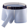 Men's solid colour ice silk boxer shorts in blue, shown on a mannequin, demonstrating the mid waist fit.