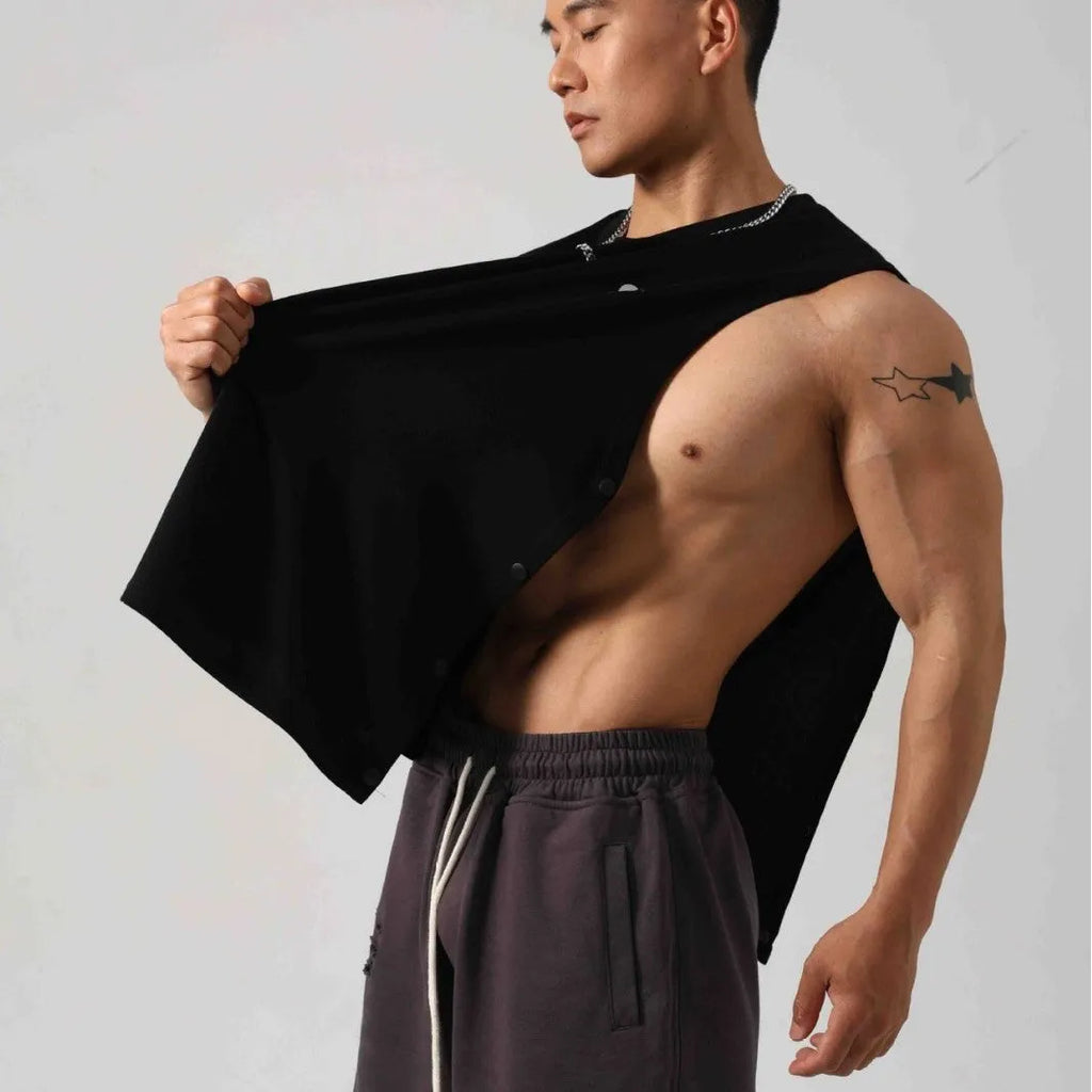 Korean style men's loose cotton fitness vest with hidden hook side openings in black, blue, grey, or white.