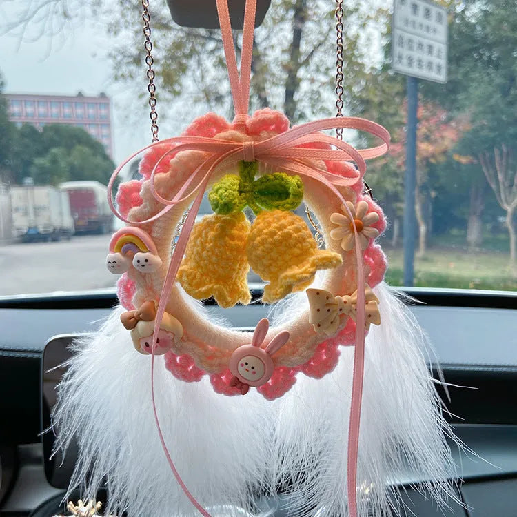 Hand-woven wool bell orchid car pendant in green colour with dream catcher attachment hanging