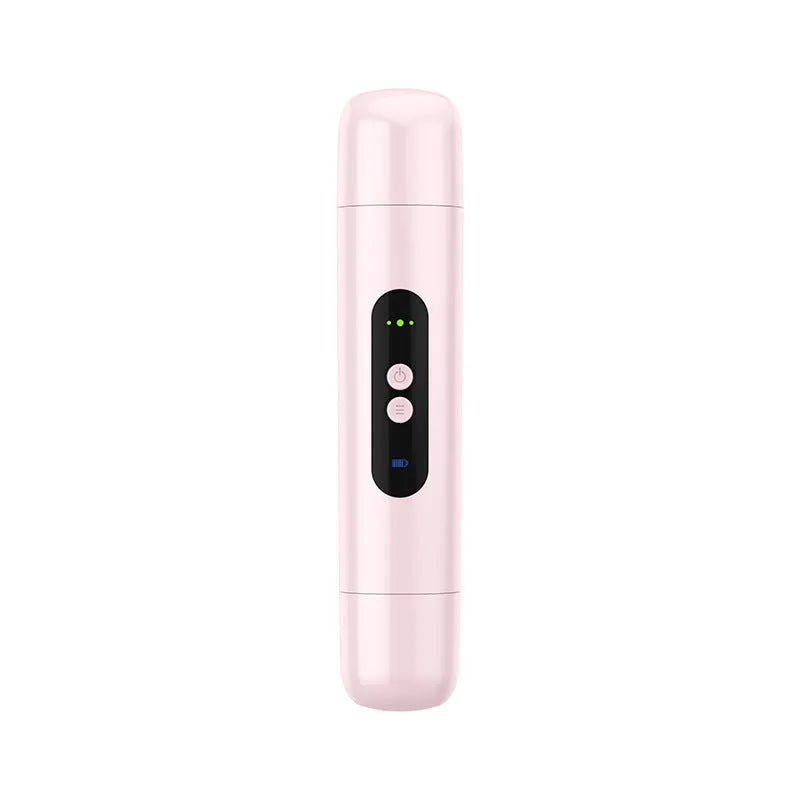 White and pink portable electric body hair trimmer with floating blades and USB charging cable.