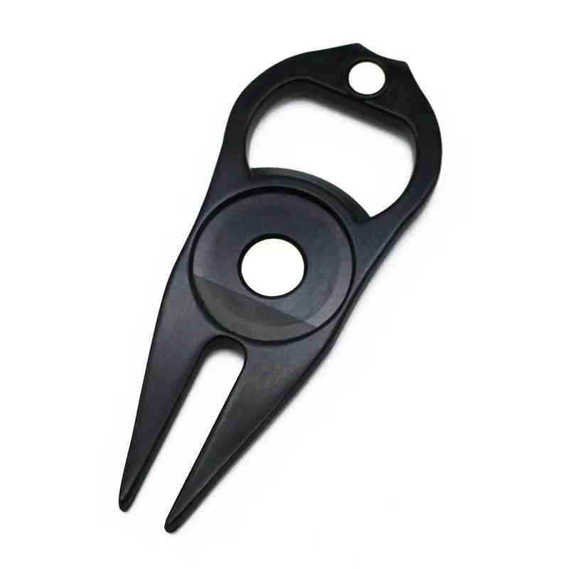Zinc alloy golf ball yoke bottle opener tool showing black, green and silver colour options with coin