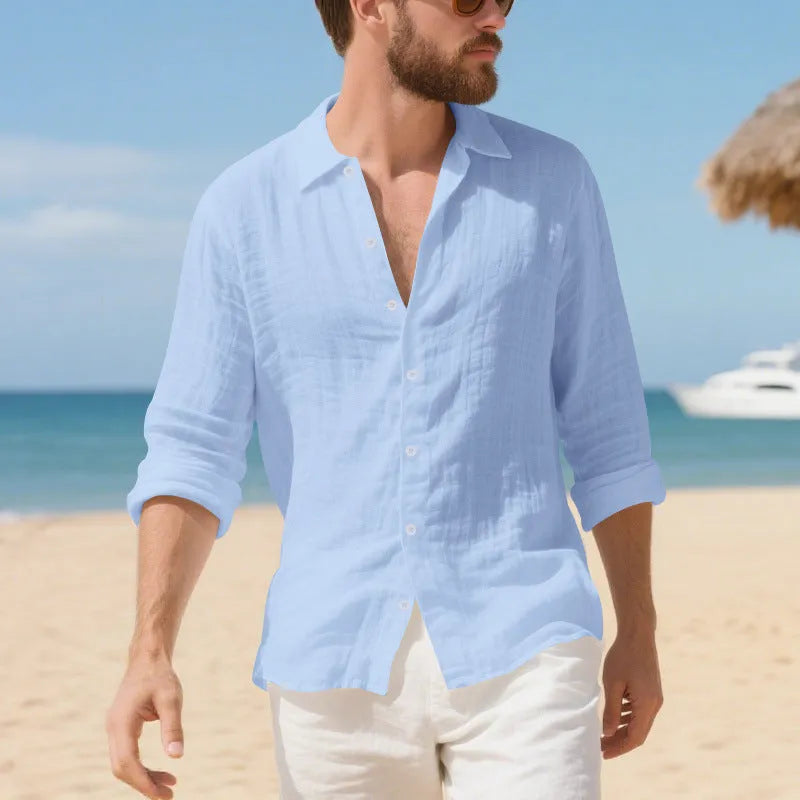 American-style loose-fit linen casual shirt in Army Green, laid flat to show button front and relaxed silhouette.