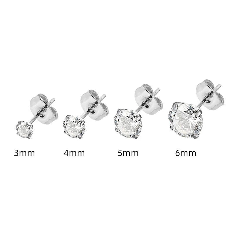 Stainless steel geometric square zircon stud earrings with gold or steel colour finish in sizes from 2mm to 8mm