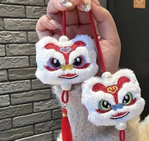 Handmade blue Chinese style plush lion keychain ornament with star stone decoration and tassel