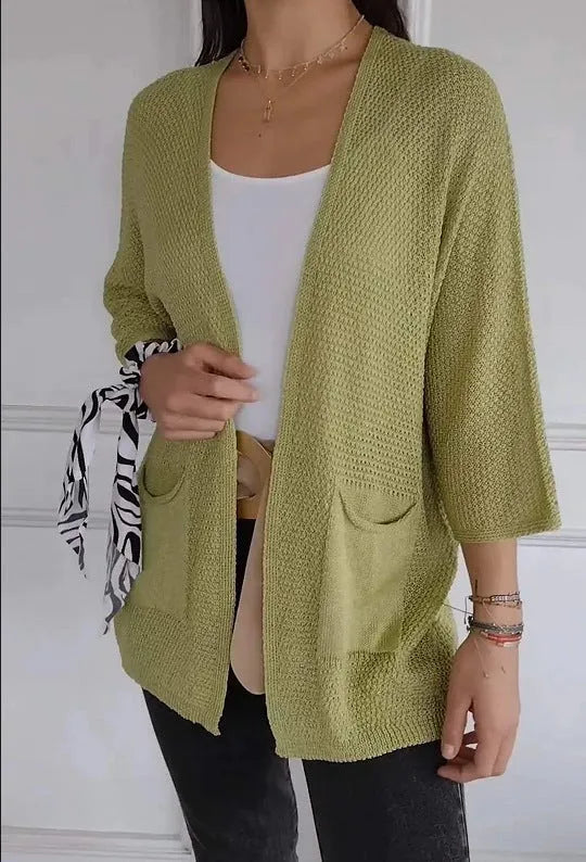 Women's waffle-textured polyester cardigan coat with nine-quarter sleeves in army green colour