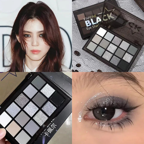 15-colour eyeshadow palette with matte and shimmer pans including cos grey and black shades