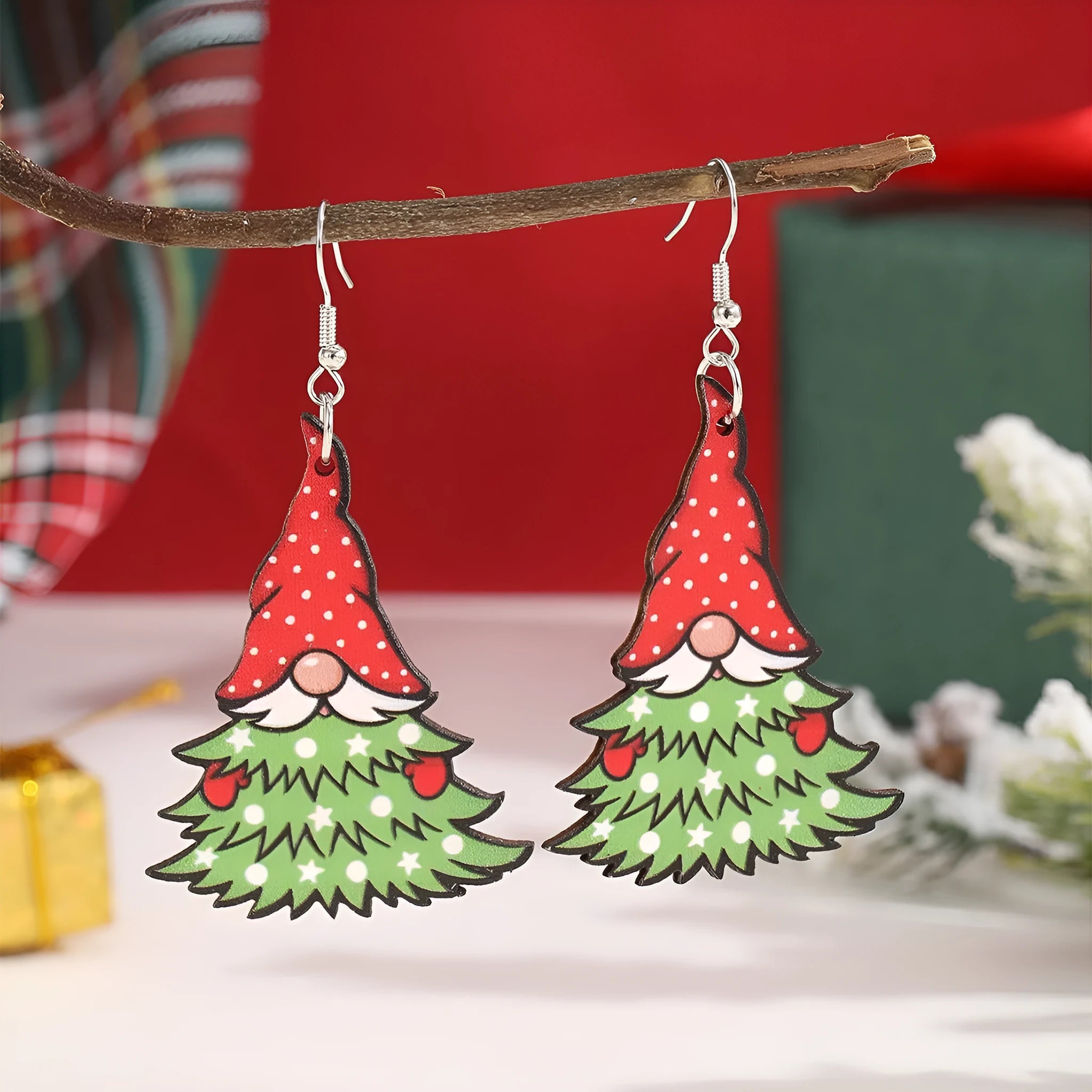 Wooden Christmas earrings with geometric Christmas tree and water drop snowman designs featuring Santa Claus motifs