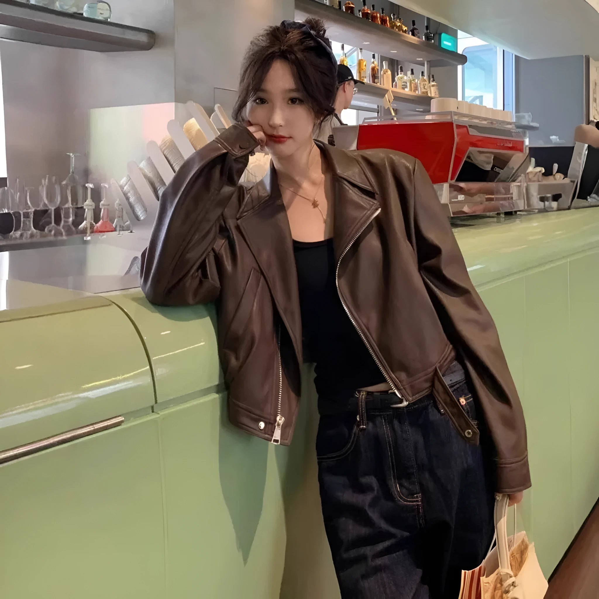 Women's brown retro leather coat jacket with slim fit street fashion style and regular sleeves