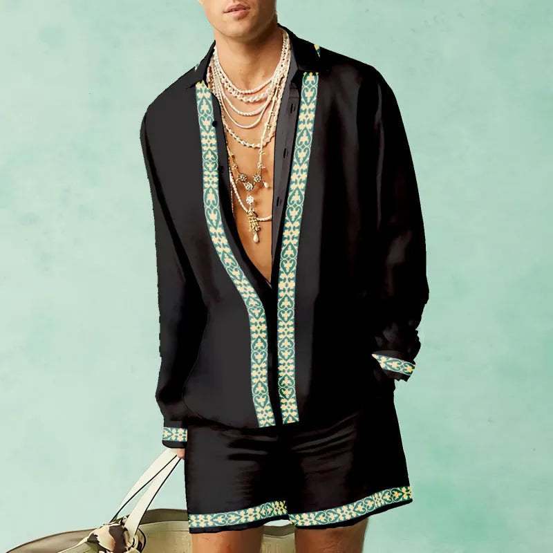 Men's casual summer shirt and shorts set in colour matching polyester slim fit