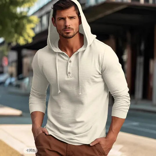 Cotton pullover hoodie in dark blue, apricot, black, blue, white, or light green.