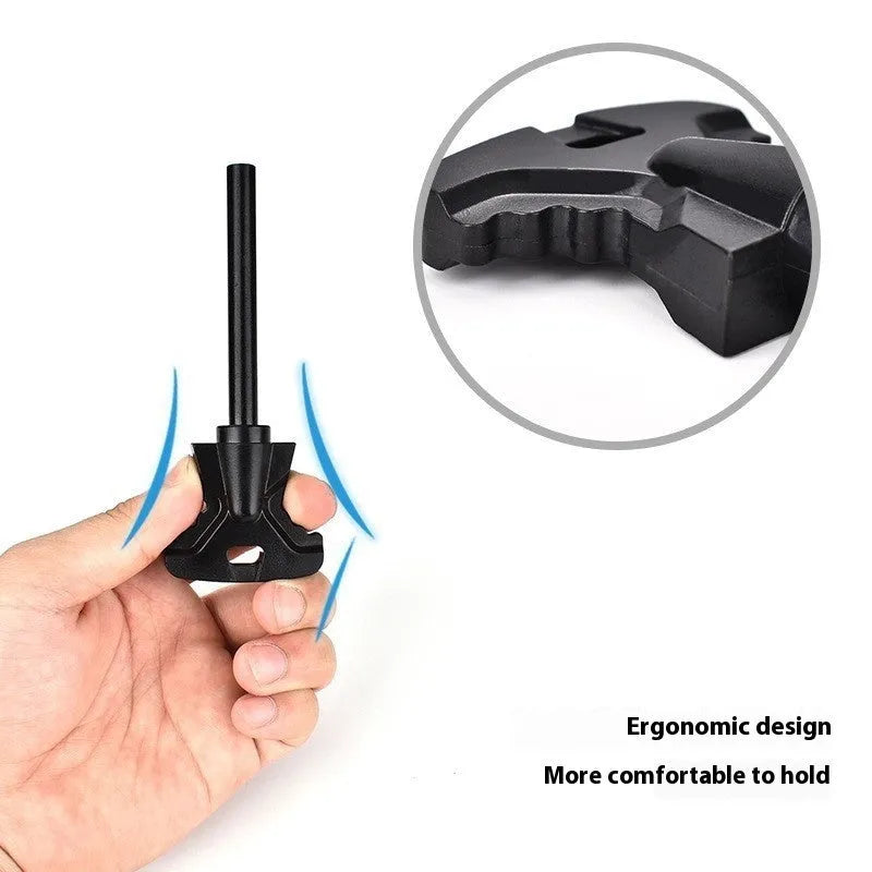 Stainless steel butterfly-shaped outdoor survival tool with fire starter striker and bottle opener.