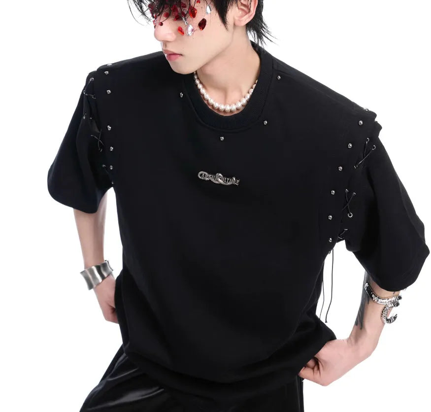 Black short sleeve T-shirt with a lace-up cutout detail on the front.