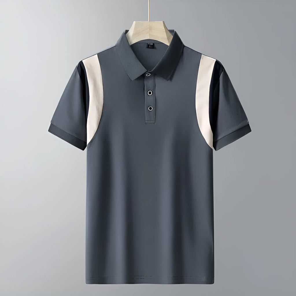 Man wearing a thin grey and white striped cotton t-shirt with a lapel collar and short sleeves.