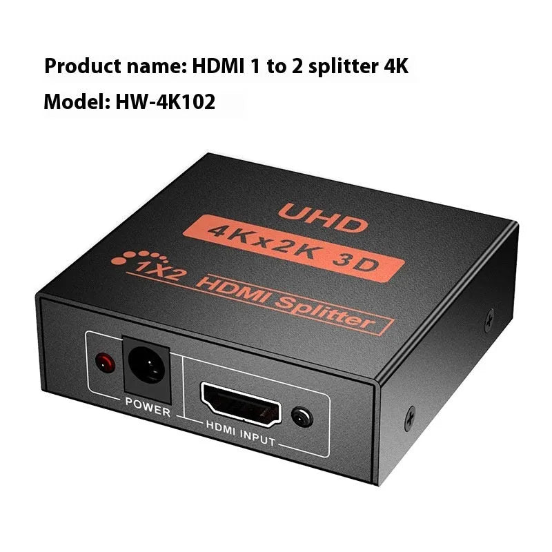 4K HDMI splitter distributing signal to two displays with USB charging cable included