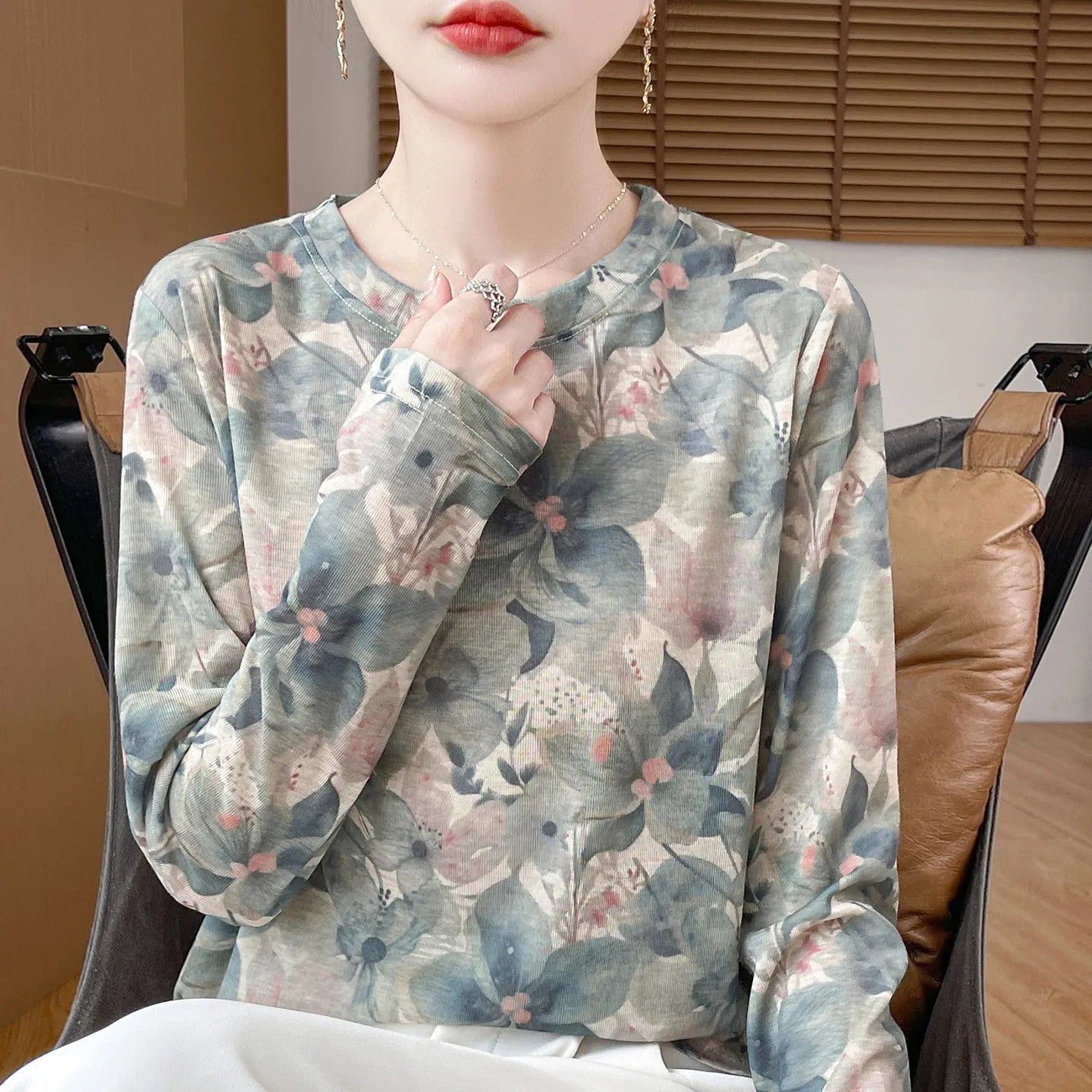 Women's round neck Tencel cotton pullover shirt with floral print, shown in a basic style with regular sleeves.