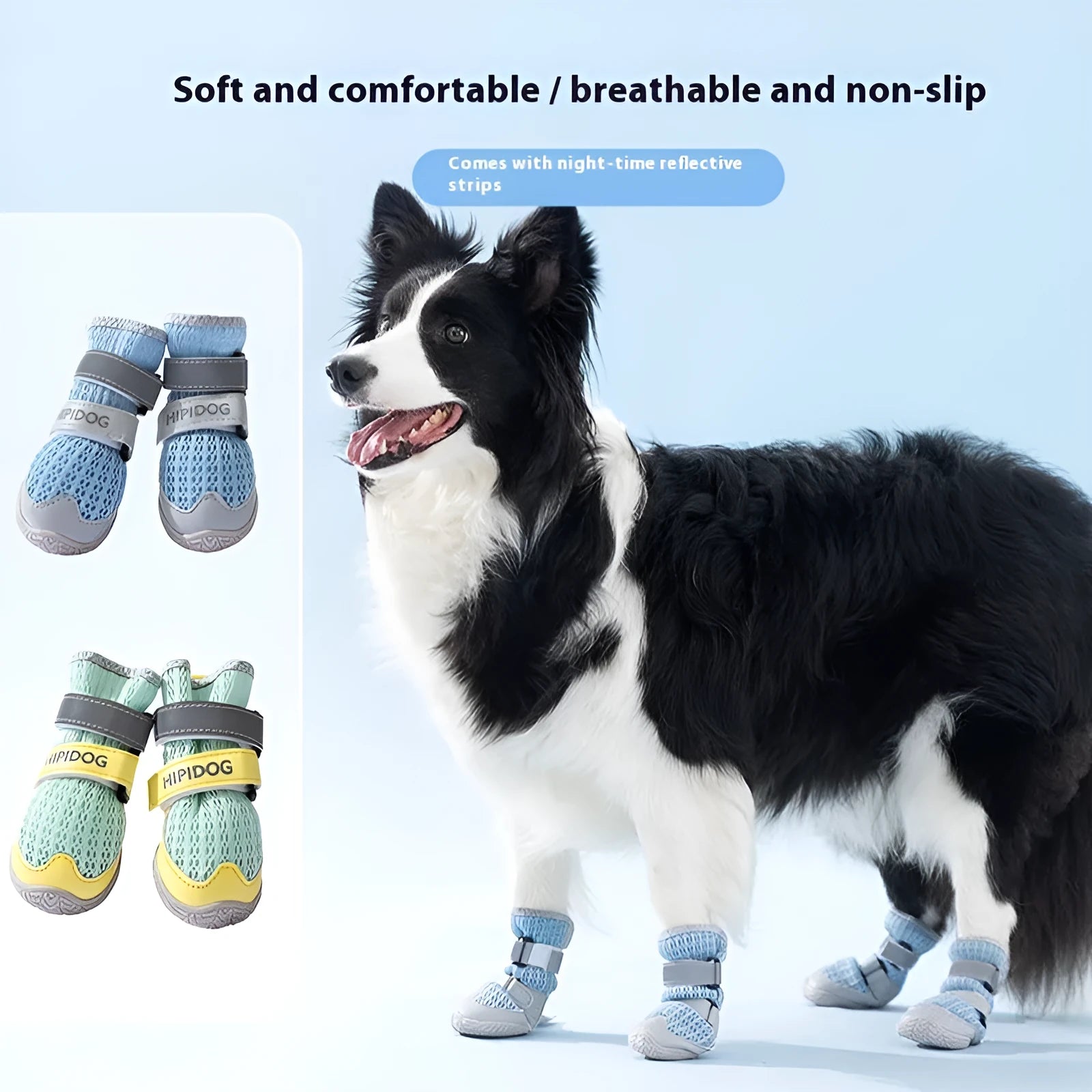 Cartoon style dog shoes in Bondi Blue and Dean Green colours with anti-scald summer protection