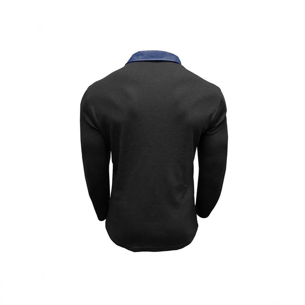 Men's waffle-textured polo shirt in wine red with asymmetric design and long sleeves.