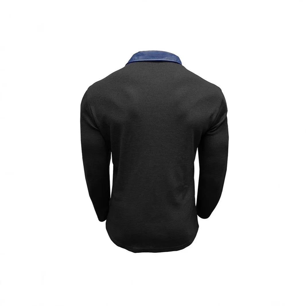 Men's waffle-textured polo shirt in wine red with asymmetric design and long sleeves.