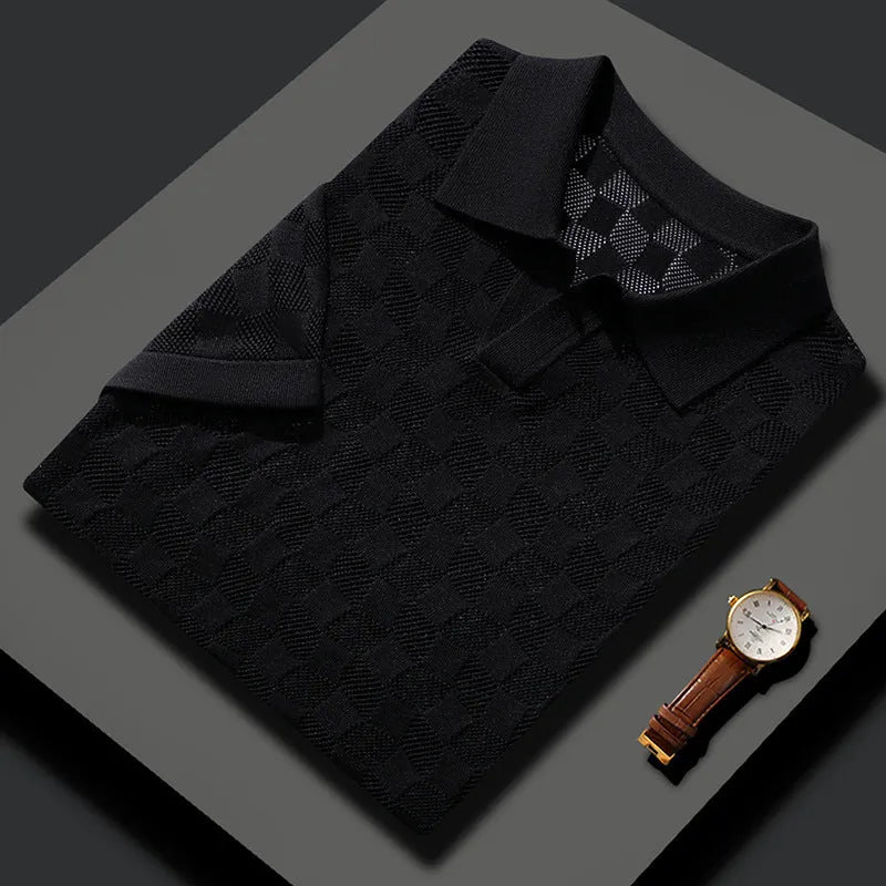 Men's short sleeve mulberry silk sweater with lapels in solid colours: white, black, gray, camel.
