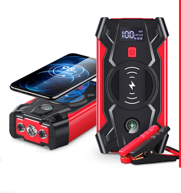 Red car jump starter with digital display and air pump accessory for 12V battery emergency starting