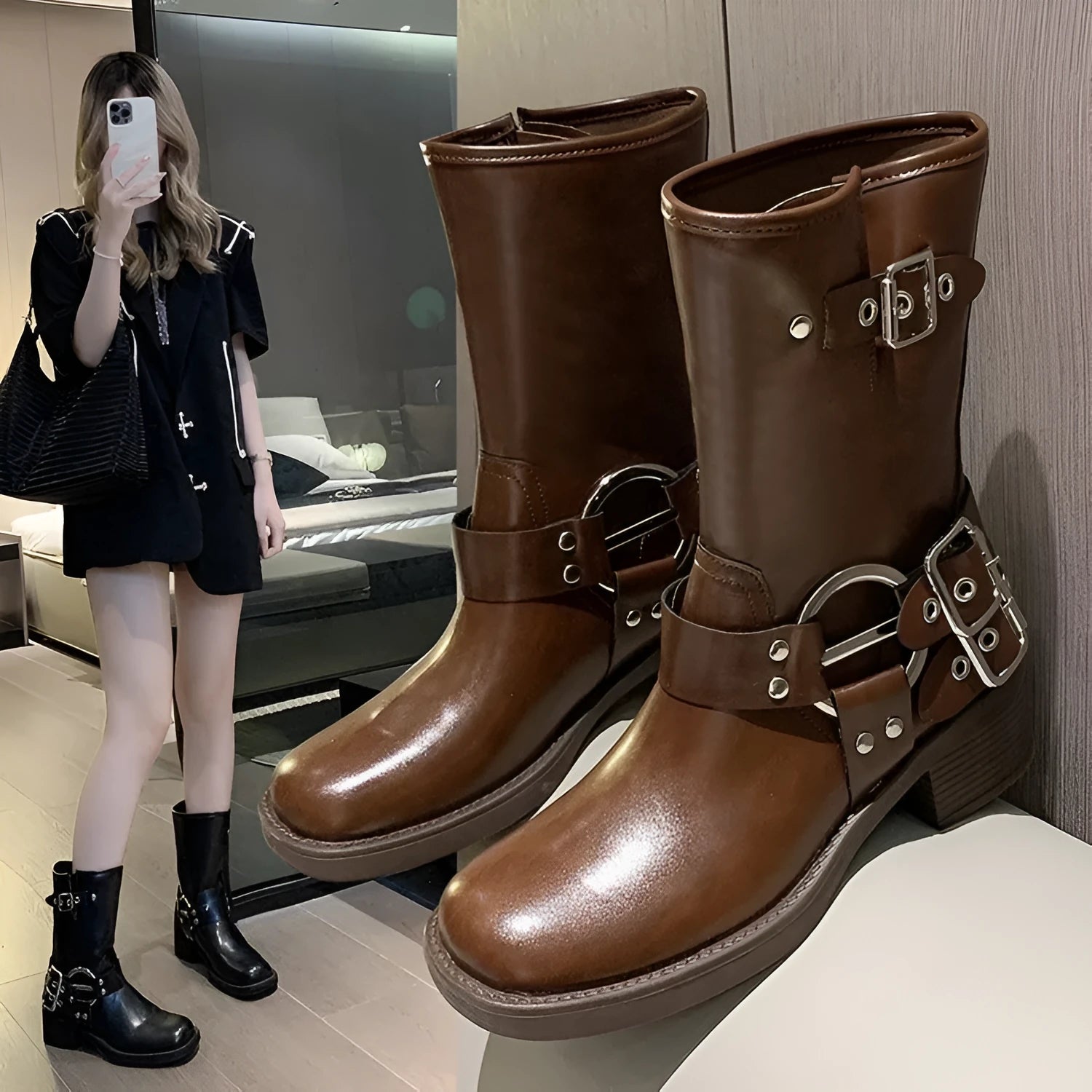 Women's platform boots with belt buckle detail in middle calf length, available in black or brown