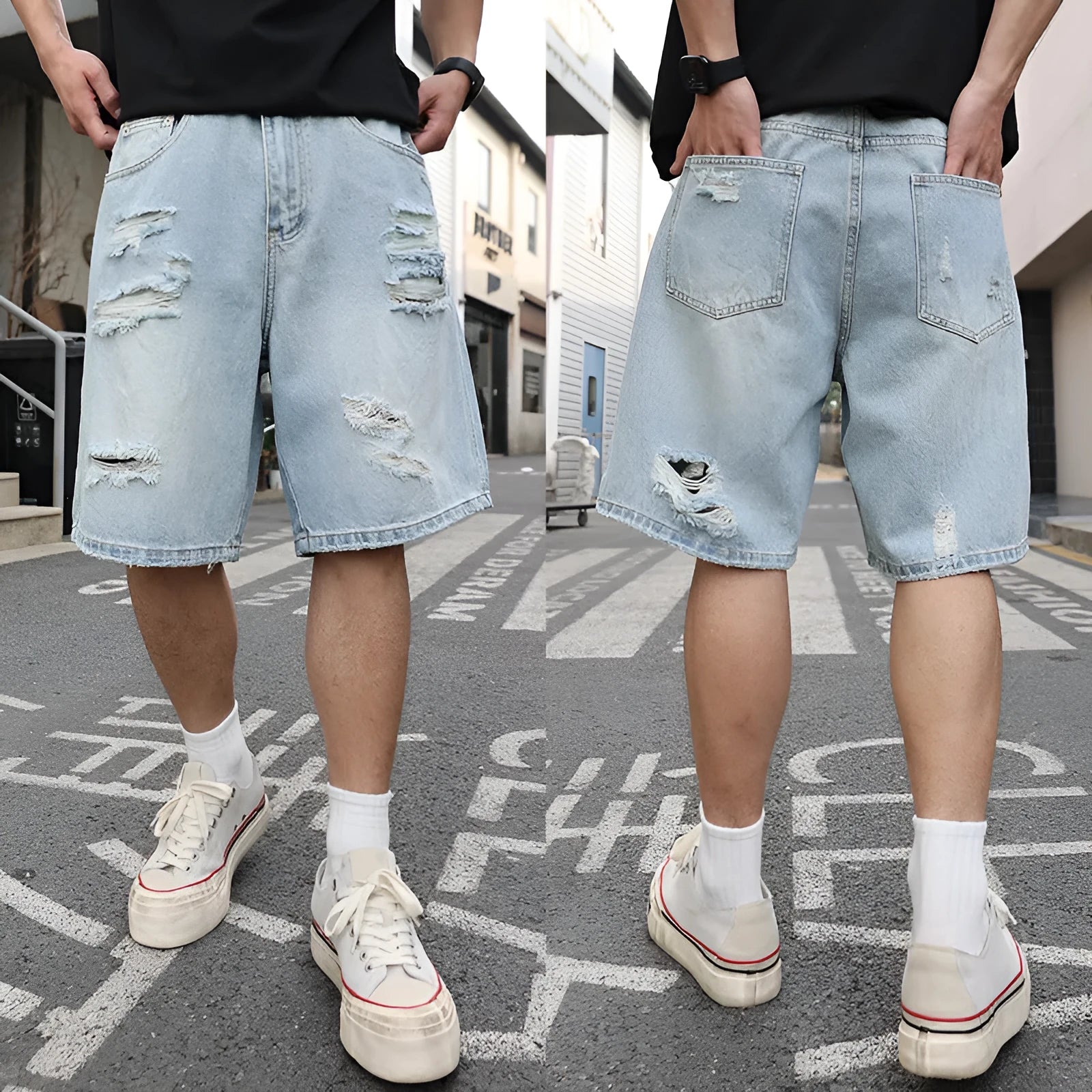 Light blue distressed denim shorts with ripped detailing and straight cut hip hop style