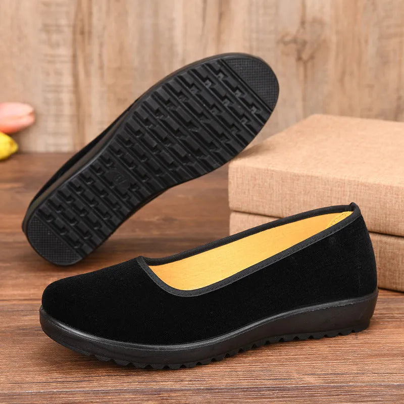 Women's Old Beijing cloth shoes black solid colour round toe polyurethane sole flat heel