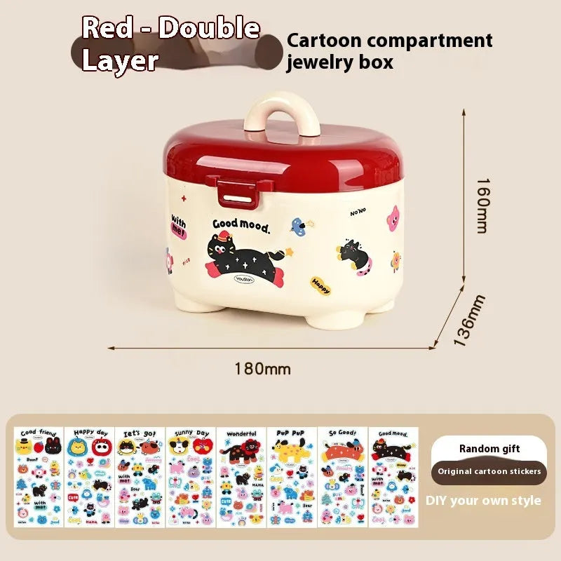 Red and brown cartoon-style plastic desktop storage organiser with grid pattern for stationery and sundries.