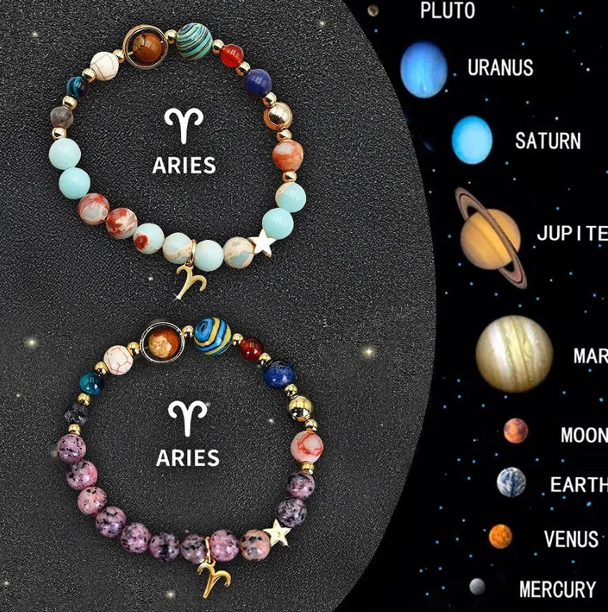 Twelve zodiac sign natural stone bead bracelets with astrology charms