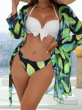 Women's three-piece bikini swimsuit with mesh split design in quick-dry polyester fabric