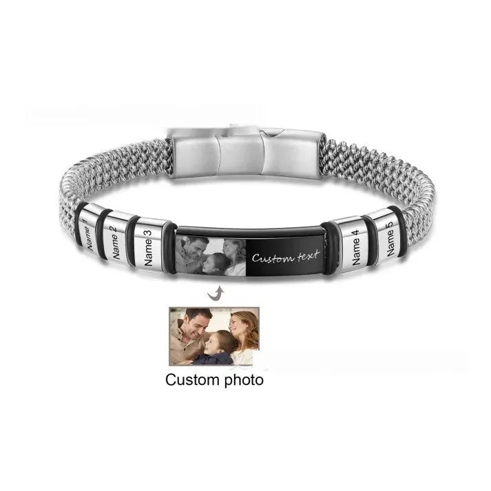 Men's titanium steel and leather rope lettering bracelet with heart-shaped beads