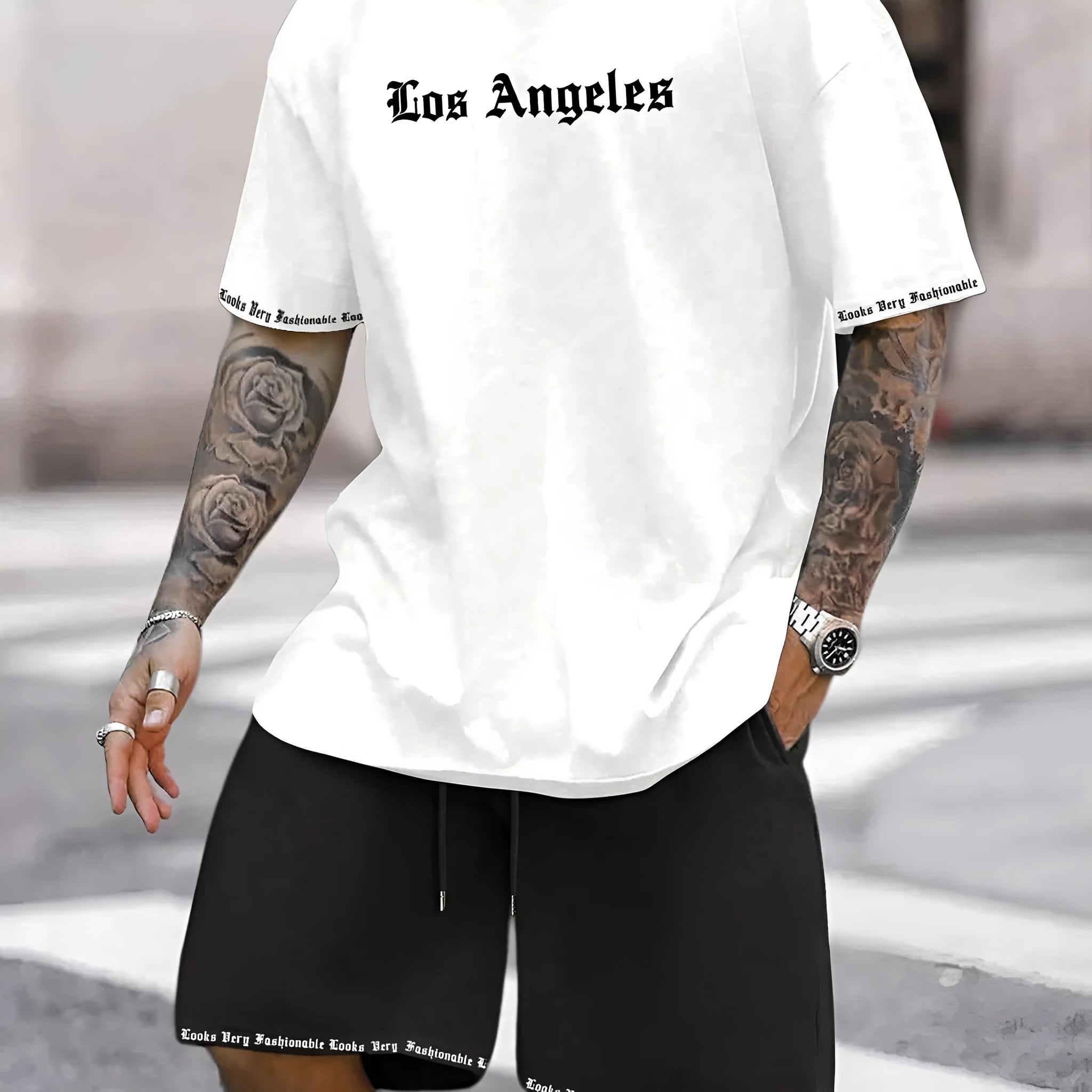 Sports style short-sleeved shorts set with printed pattern, loose fit shorts, and quick-dry fabric