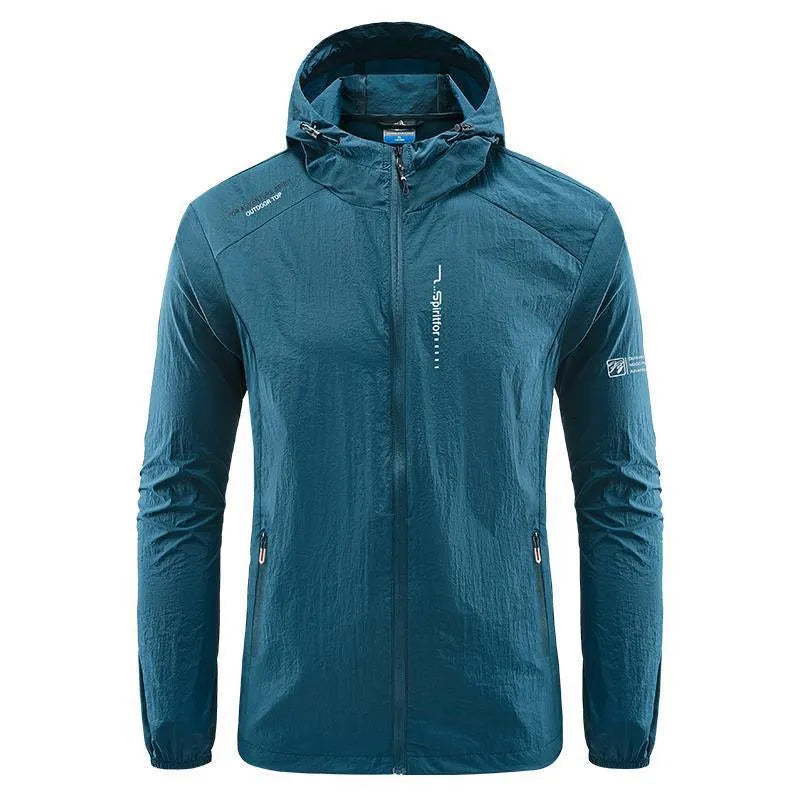 Men's lightweight nylon hooded summer jacket in loose fit, shown in a neutral colour.
