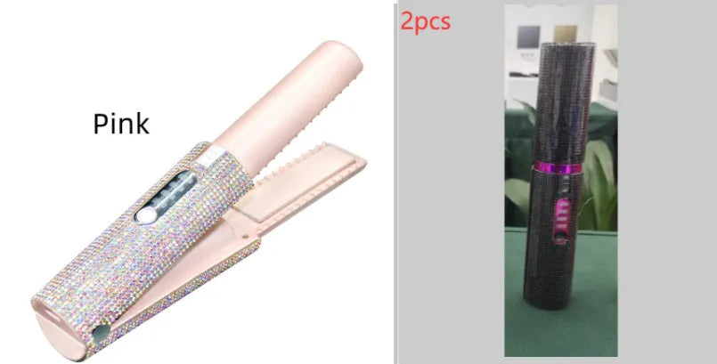 2-in-1 electric USB hair straightening brush with ceramic coating in green