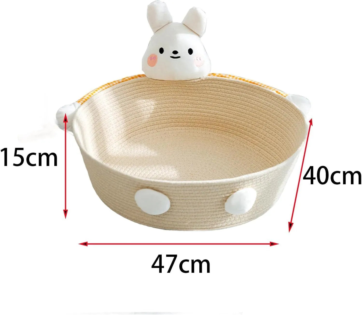 Woven cotton rope cat bed and scratching pad in bear design, showing basket shape.