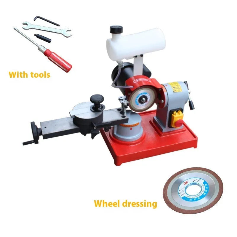 Small manual gear grinding machine for sharpening alloy circular saw blades on workbench