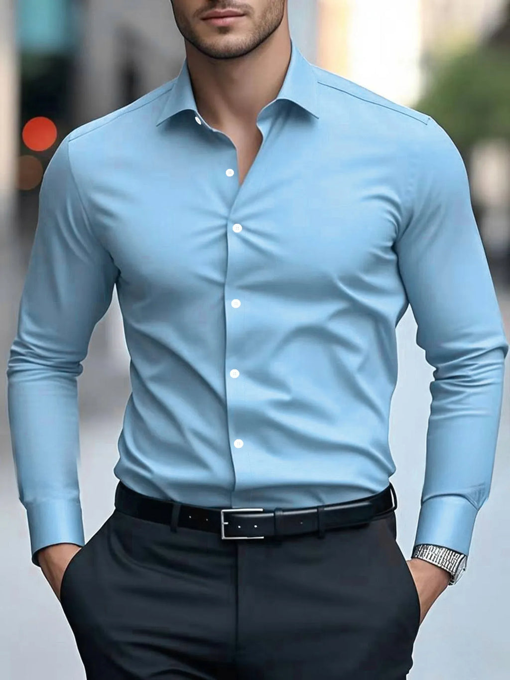 Slim fit long-sleeved solid colour cotton shirt for men, available in multiple colours for business workwear