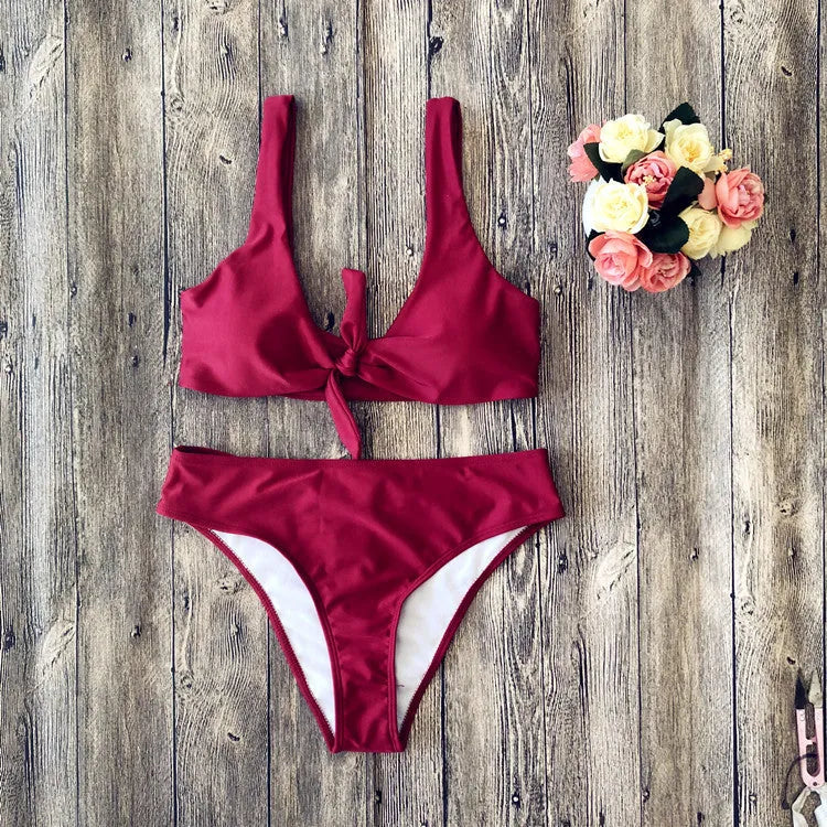 Solid colour polyester bikini swimsuit in five colour options showing front view