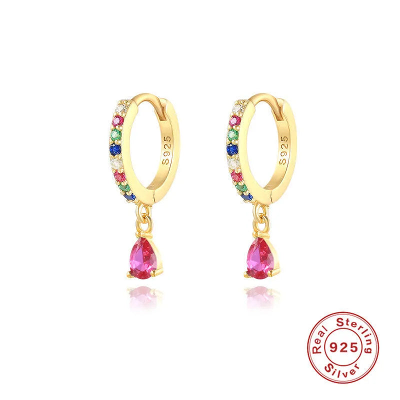 Geometric water drop earrings in Sterling Silver with electroplated gold finish and purple diamond stones