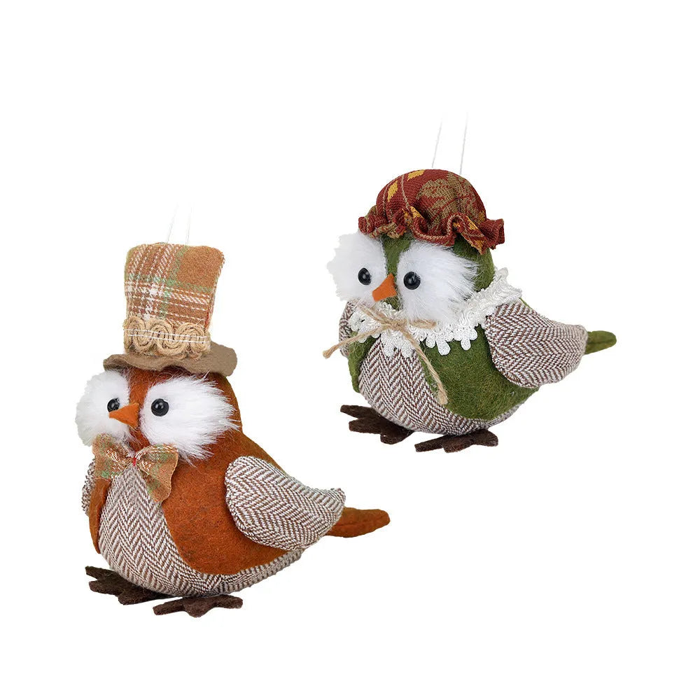 Green fabric owl harvest bird pendant ornament with hanging loop for Thanksgiving decor